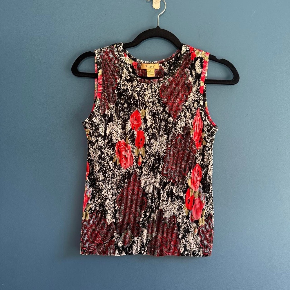 Vintage 90s Pleated Tank Top Women's Size Small Plissé Red Black Retro Whimsy